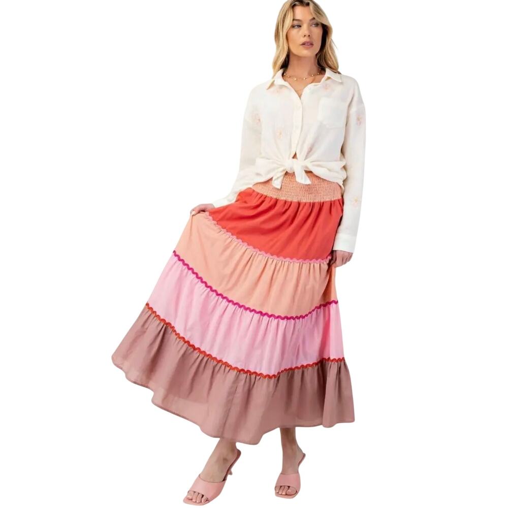 NWT EASEL Women’s Boho Tiered Color Blocked Pull on Smocked Maxi Skirt